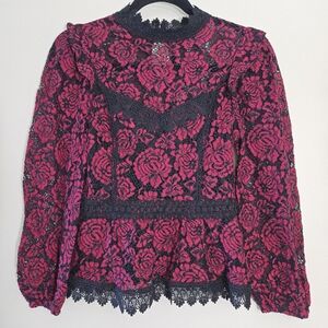 Victorian Gothic Vampiric Romantic Black And Red Lace Peplum Top Size Small